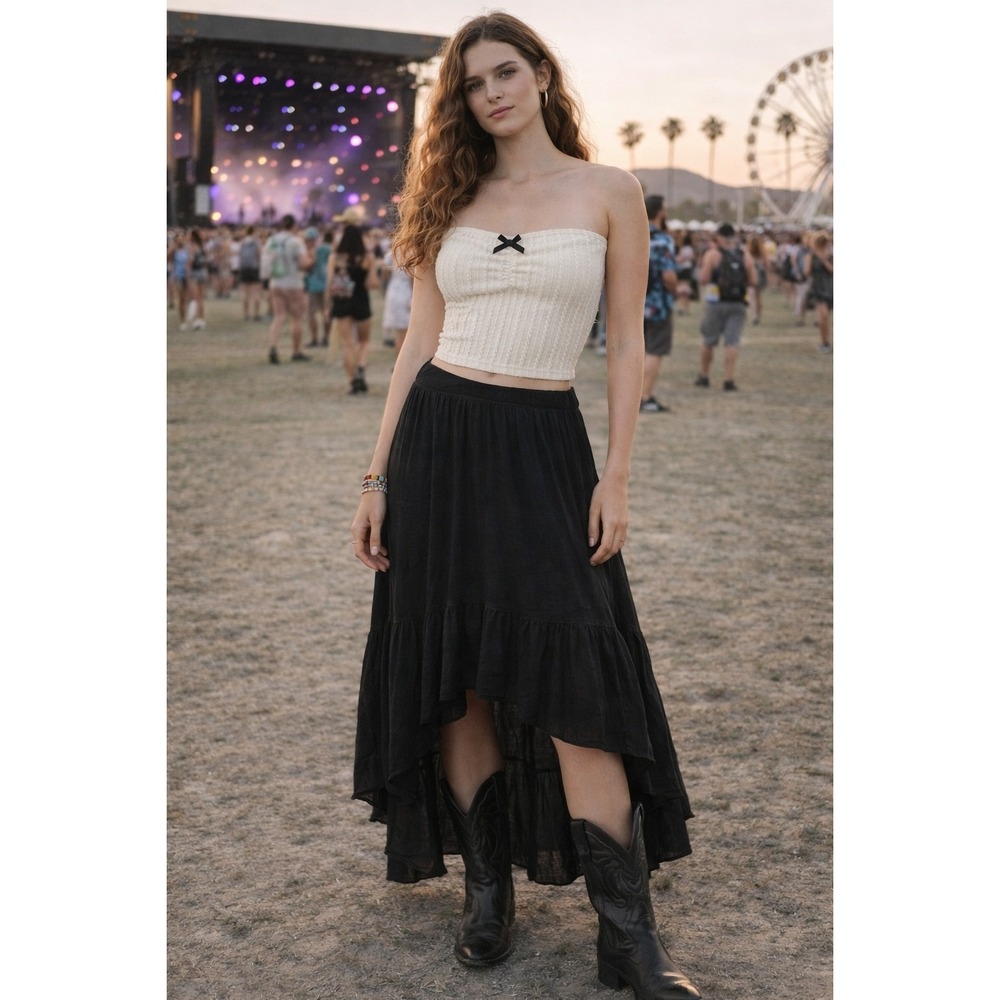 Unbranded Cream MicroCableKnit Crop Tube Top OS Mini Black Bow Festival Concert